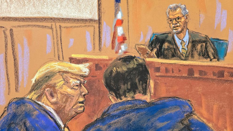 PHOTO: Former President Donald Trump whispers to his attorney Todd Blanche during his criminal trial in Manhattan state court in New York City, on May 2, 2024 in this courtroom sketch.