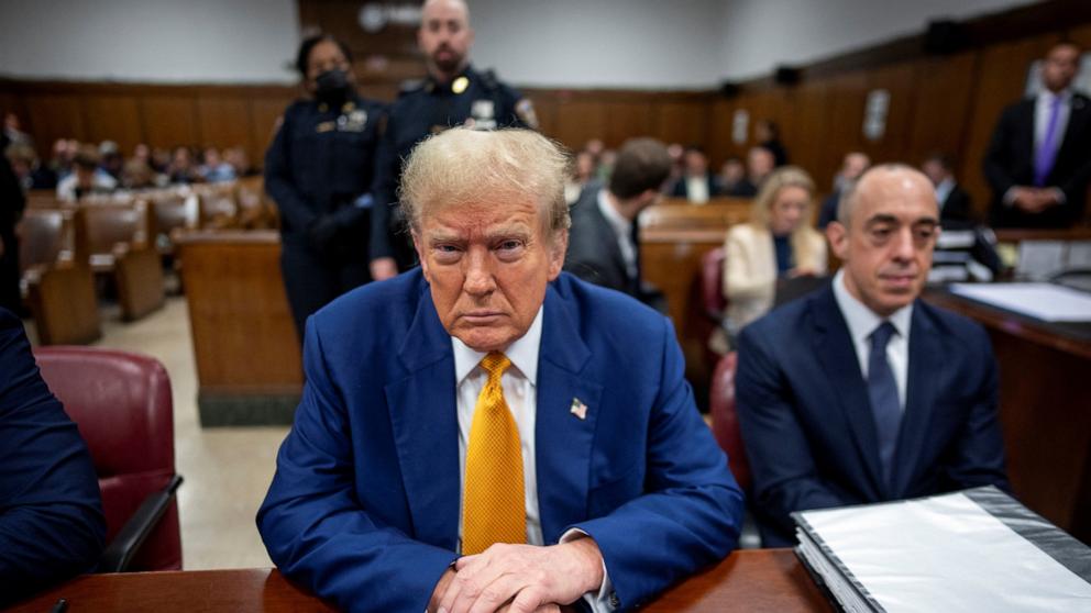 PHOTO: Republican presidential candidate, former President Donald Trump awaits the start of proceedings in his criminal trial at the New York State Supreme Court in New York, May, 2, 2024.