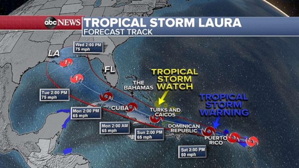 PHOTO: Tropical Storm Laura is set to cross the Caribbean Islands over the weekend and possibly hit the Gulf Coast next week as a Category 1 hurricane.