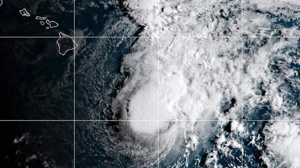 PHOTO: This NOAA satellite image taken Aug. 22, 2026, shows Tropical Storm Moke advancing towards Hawaii in the Pacific Ocean. 