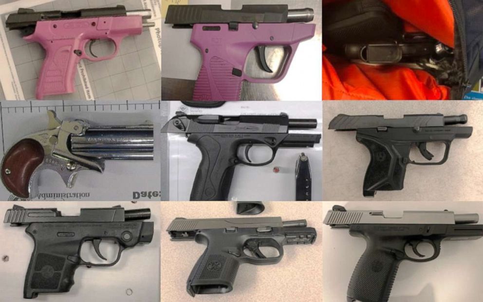 PHOTO: A combination of photos shows firearms confiscated by TSA officers in February 2020.