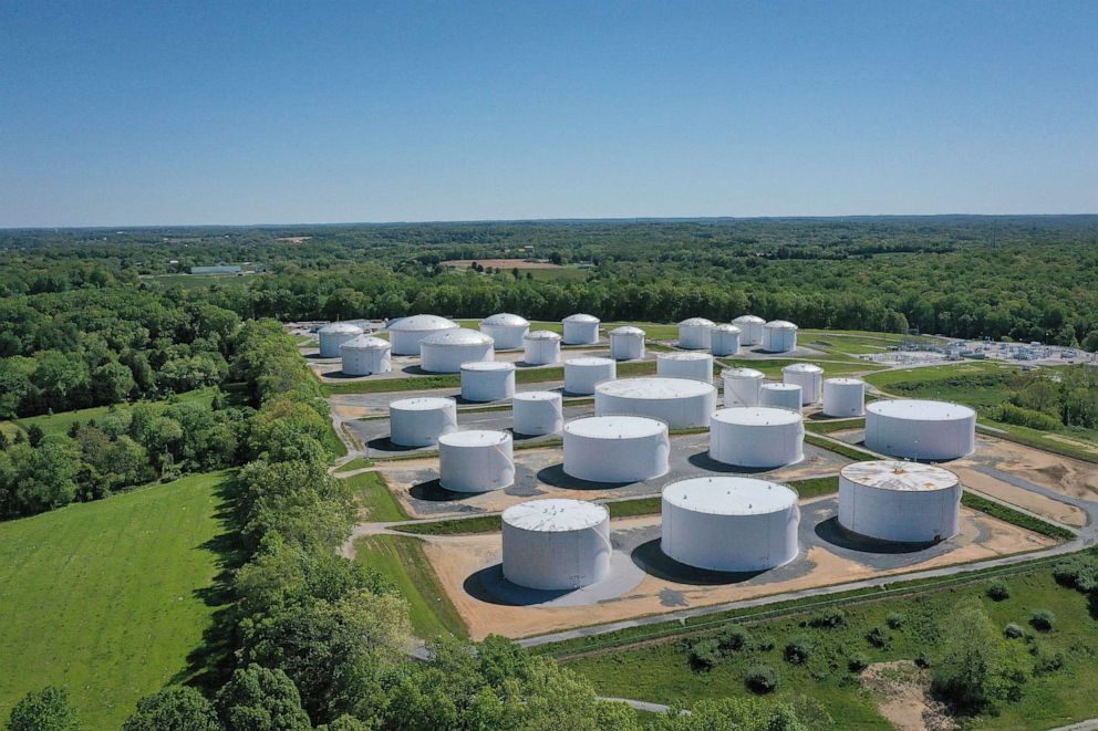 PHOTO: An aerial view shows fuel holding tanks are seen at Colonial Pipeline's Dorsey Junction Station in Washington, May 13, 2021.