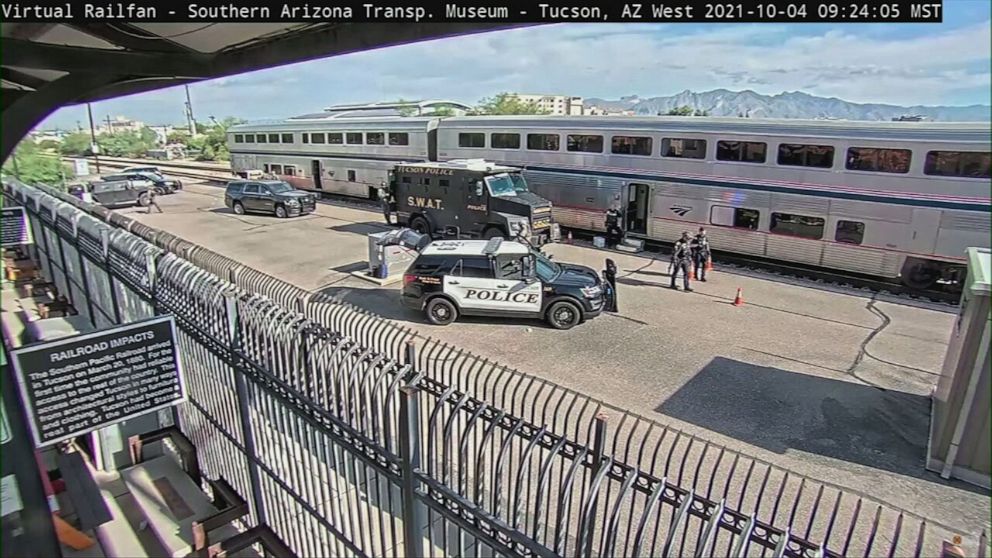 PHOTO: In this screen grab from a video, police are shown on the scene at a shooting on an Amtrak train in Tucson.