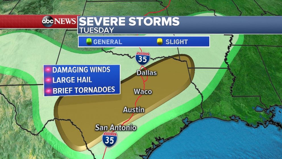 The storms will shift south and east to threaten major cities in Texas on Tuesday.