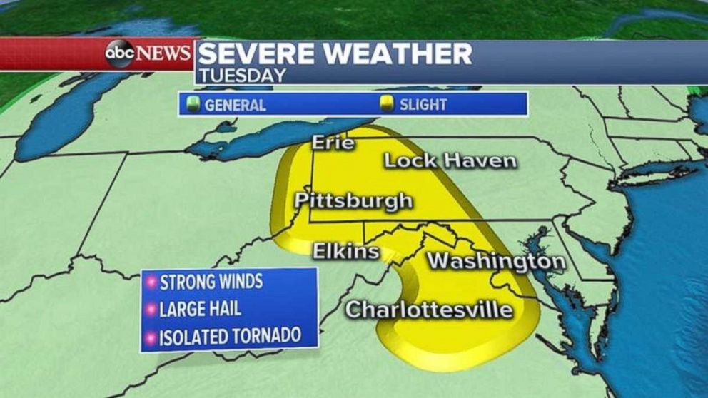 The storms will move into the Northeast, including western Pennsylvania and parts of West Virginia, Maryland and Virginia, on Tuesday.