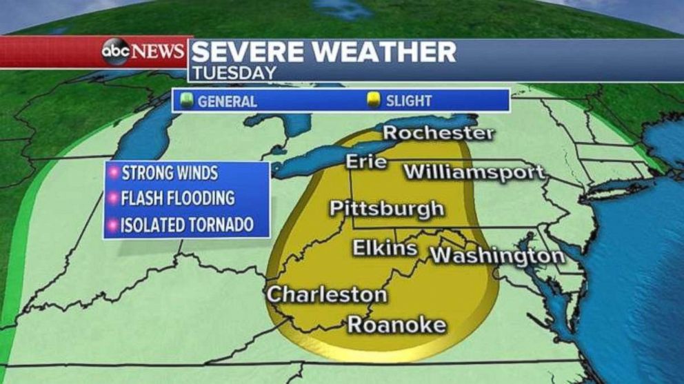 A wide swatch of Virginia, West Virginia, western Pennsylvania and western New York are at risk for severe weather on Tuesday.