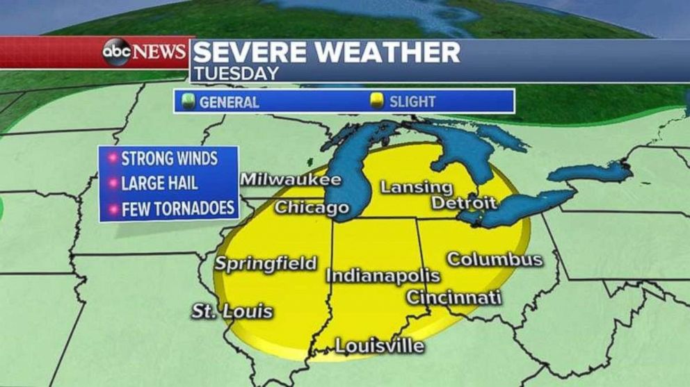 Severe alerts will be in place across the Midwest on Tuesday.
