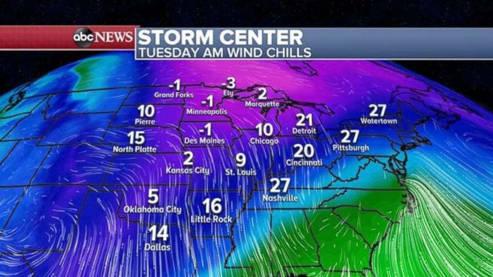 PHOTO: Le froid glacial reviendra mardi lorsque le froid du vent dans le Midwest aura du mal à se démarquer.