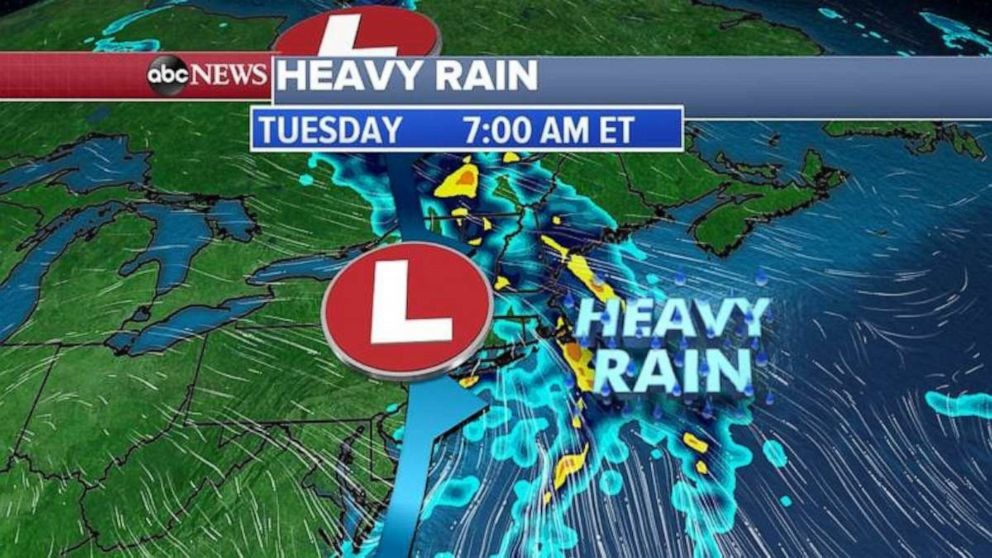 PHOTO: Heavy rain will continue in New England into Tuesday morning.