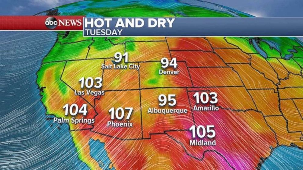 Temperatures will again be over 100 degrees in Arizona, Southern California and southern Nevada on Tuesday.