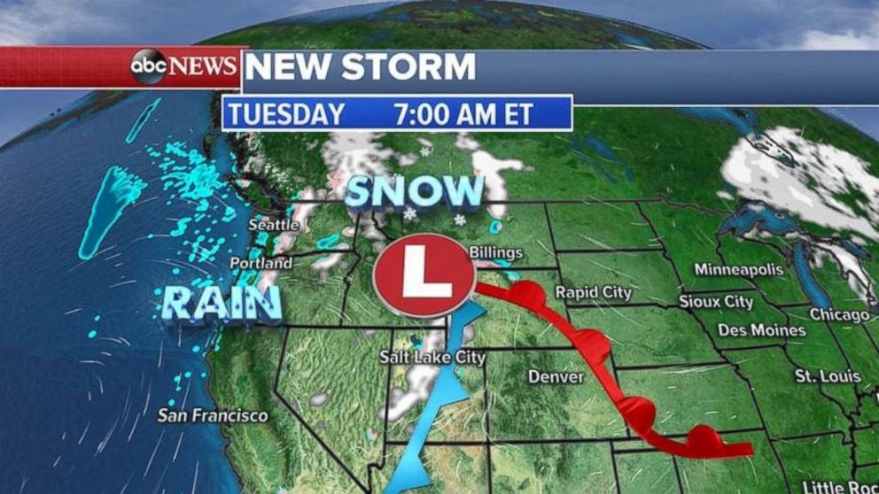 The storm is moving into the Rockies on Tuesday morning.