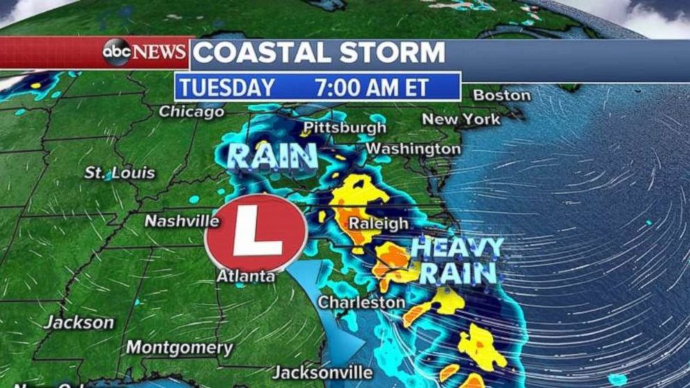 Heavy rain is falling in South Carolina, North Carolina and Virginia on Tuesday morning.