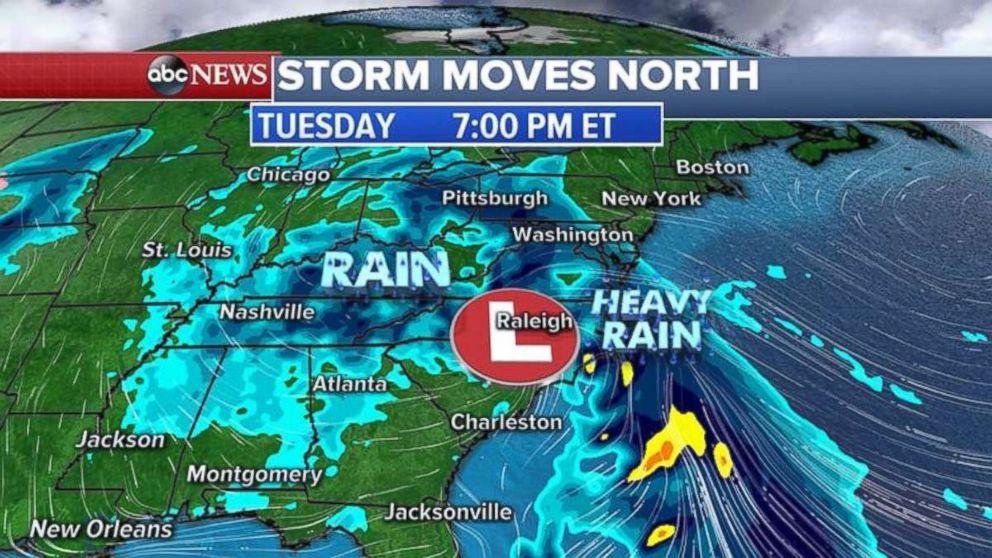 The storm continues to move up the East Coast on Tuesday bringing heavy rain to the mid-Atlantic states.