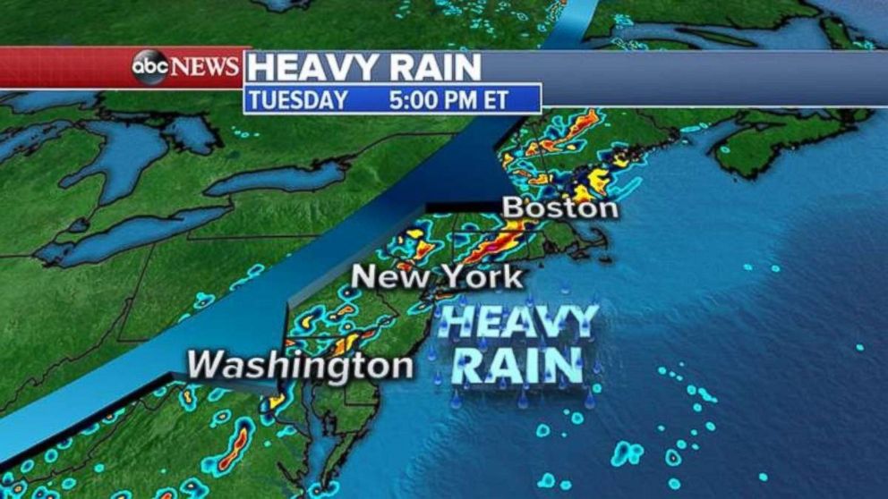 Heavy rain will enter the Washington, D.C., Philadelphia, New York City and Boston regions late Tuesday afternoon.