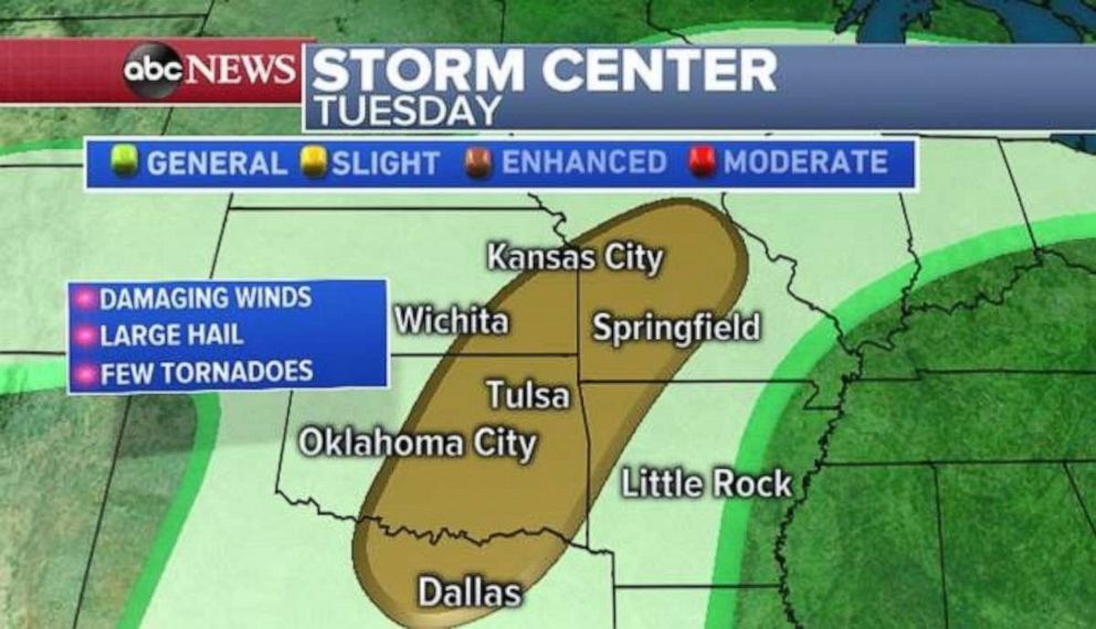 PHOTO: There is a slight risk for severe storms Tuesday from Dallas to Kansas City.