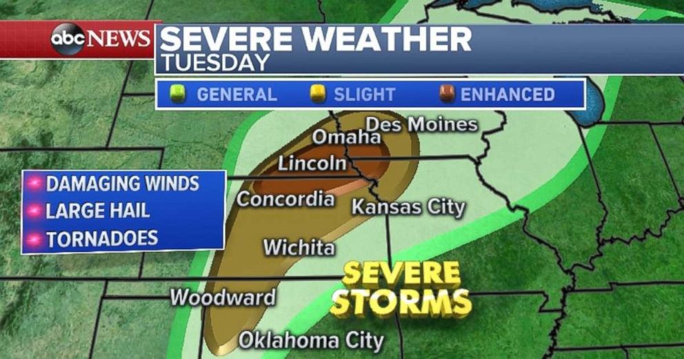 Severe weather is possible for Lincoln and Omaha, Nebraska, on Tuesday.