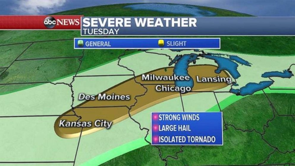 The severe weather threat on Tuesday stretches from Kansas City, Mo., to Lansing, Mich.