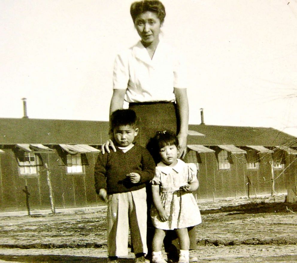 PHOTO: Shizuko Ina, Kiyoshi Ina and Satsuki Ina in Tule Lake after their father was taken and incarcerated in North Dakota. Photo taken at Tule Lake Segregation Center, Ca., 1945.