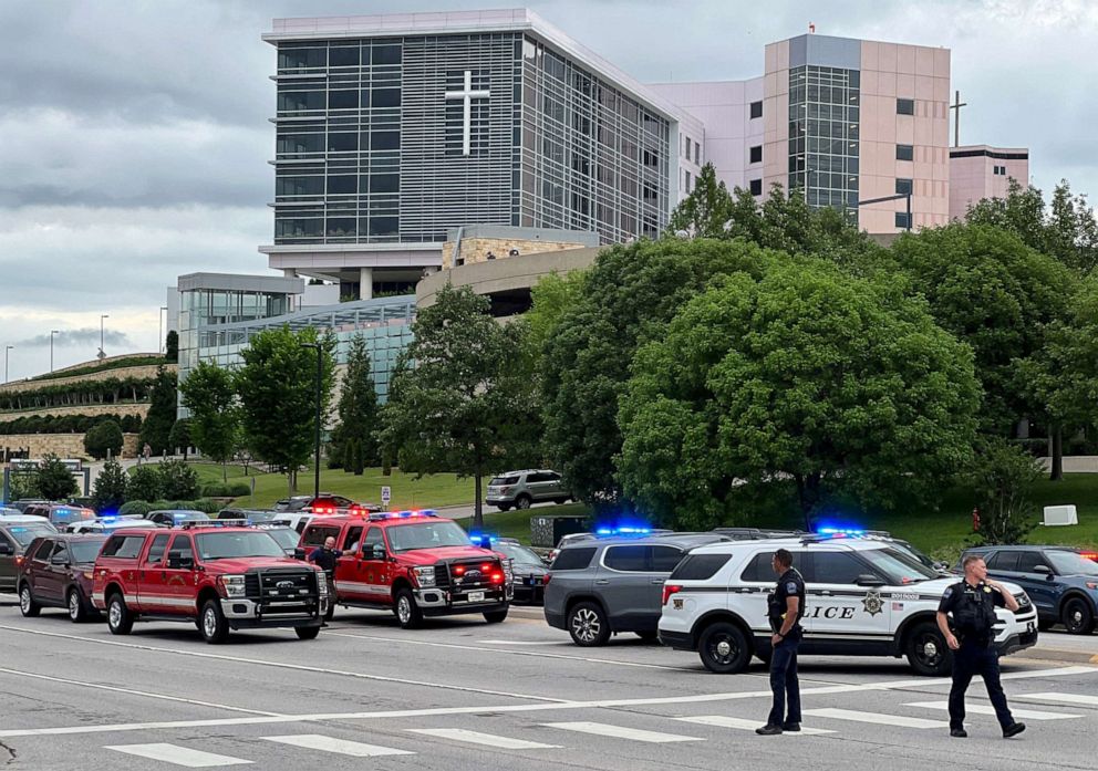 PHOTO: Emergency personnel work at the scene of a shooting at the Saint Francis hospital campus, in Tulsa, Oklahoma, June 1, 2022.