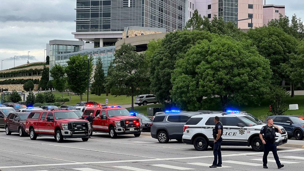 PHOTO: Emergency personnel work at the scene of a shooting at the Saint Francis hospital campus, in Tulsa, Oklahoma, June 1, 2022.