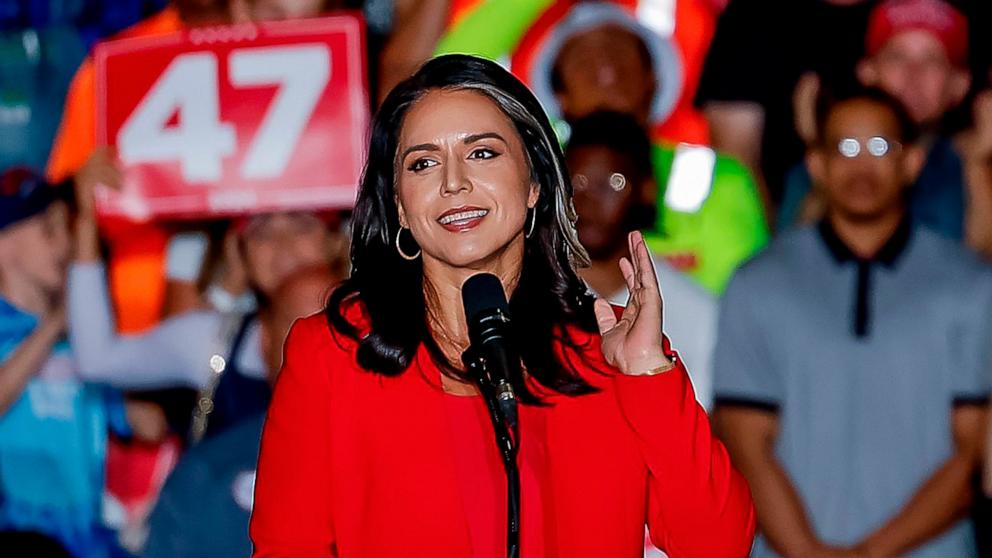 PHOTO: Former Rep. Tulsi Gabbard speaks at a campaign rally for Republican presidential nominee Donald Trump in Greensboro, North Carolina, Oct. 22, 2024.