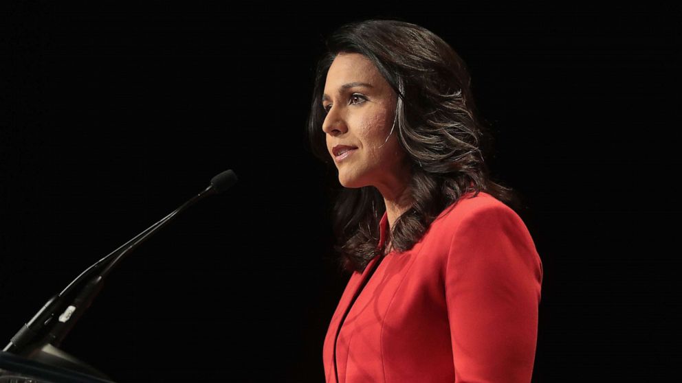PHOTO: Democratic presidential candidate and Hawaii congresswoman Tulsi Gabbard speaks at the Iowa Democratic Party's Hall of Fame Dinner on June 9, 2019, in Cedar Rapids, Iowa.