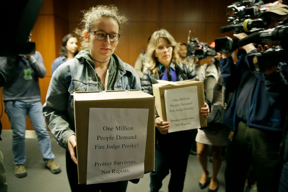 PHOTO: Activists from UltraViolet attempt to deliver over one million signatures to the California Commission on Judicial Performance calling for the removal of Judge Aaron Persky from the bench, June 10, 2016, in San Francisco. 