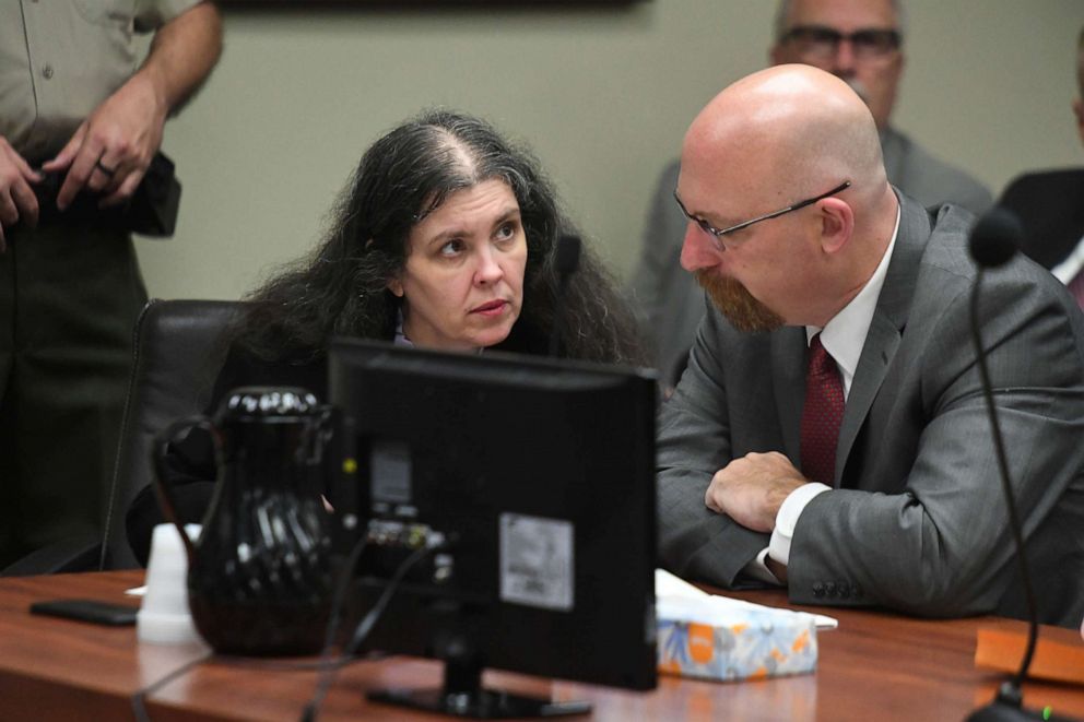 PHOTO: Louise Turpin, left, listens to her attorney, Jeff Moore, during a sentencing hearing, April 19, 2019, in Riverside, Calif.