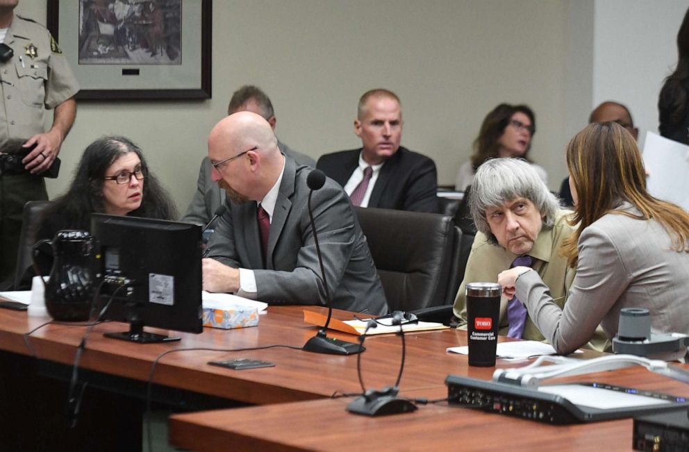 PHOTO: Louise and Daivd Turpin, who pleaded guilty to 14 felony counts for the abuse over several decades of their 13 children, speak with their attorneys in court for their sentencing in Riverside, Calif., April 19, 2019.