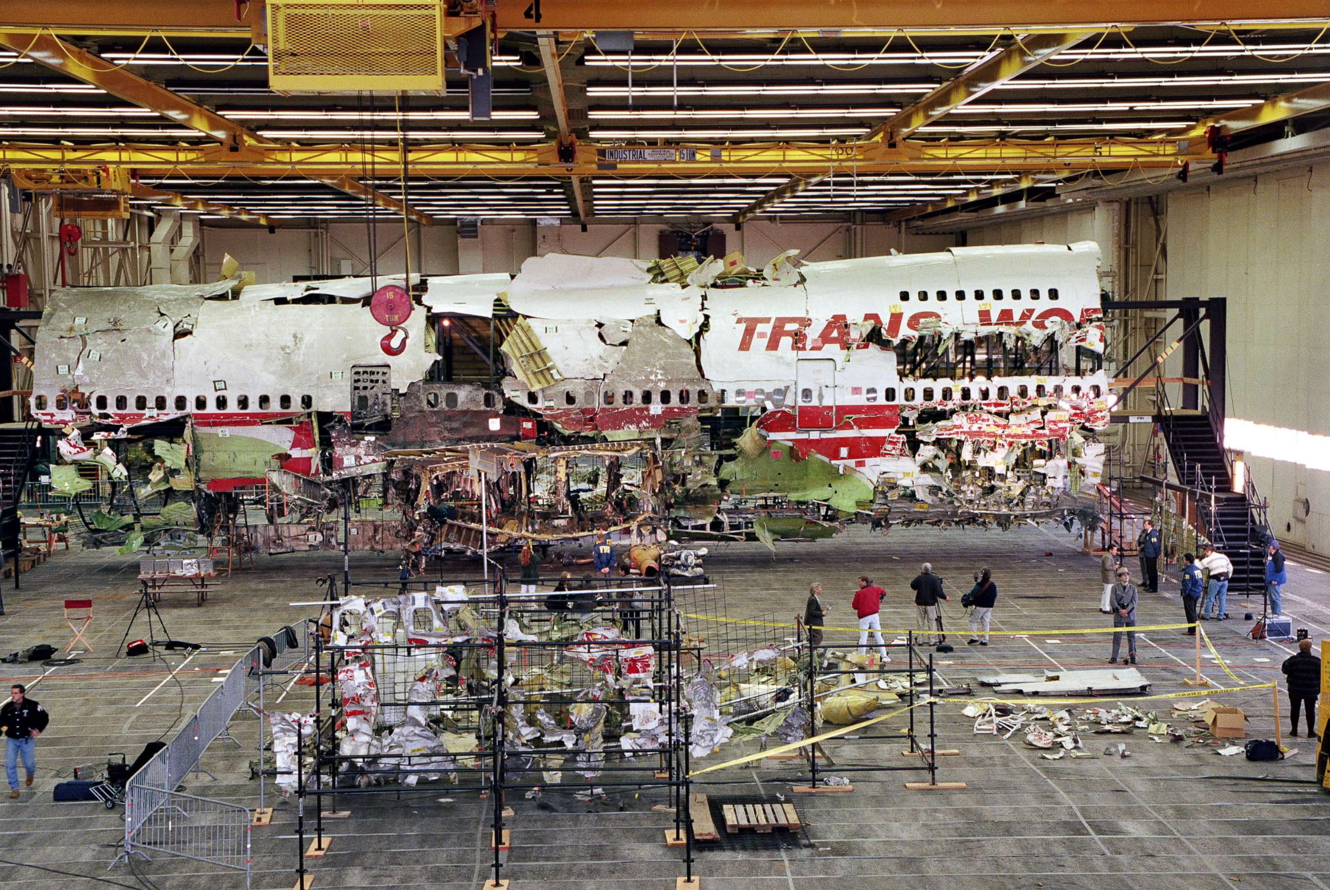 PHOTO: Wreckage of the front portion of the TWA flight 800 Boeing 747 aircraft is displayed in its reconstructed state, Nov. 19, 1997 in Calverton, Long Island, N.Y.