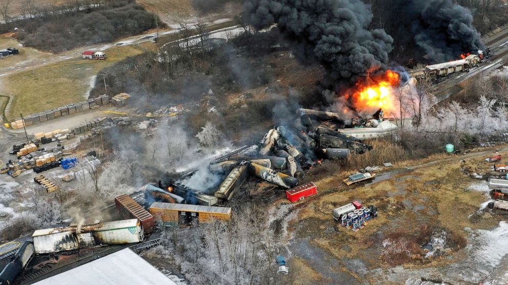 PHOTO: Firefighters battle a blaze from a train derailment in East Palestine, Ohio, on Feb. 4, 2023.