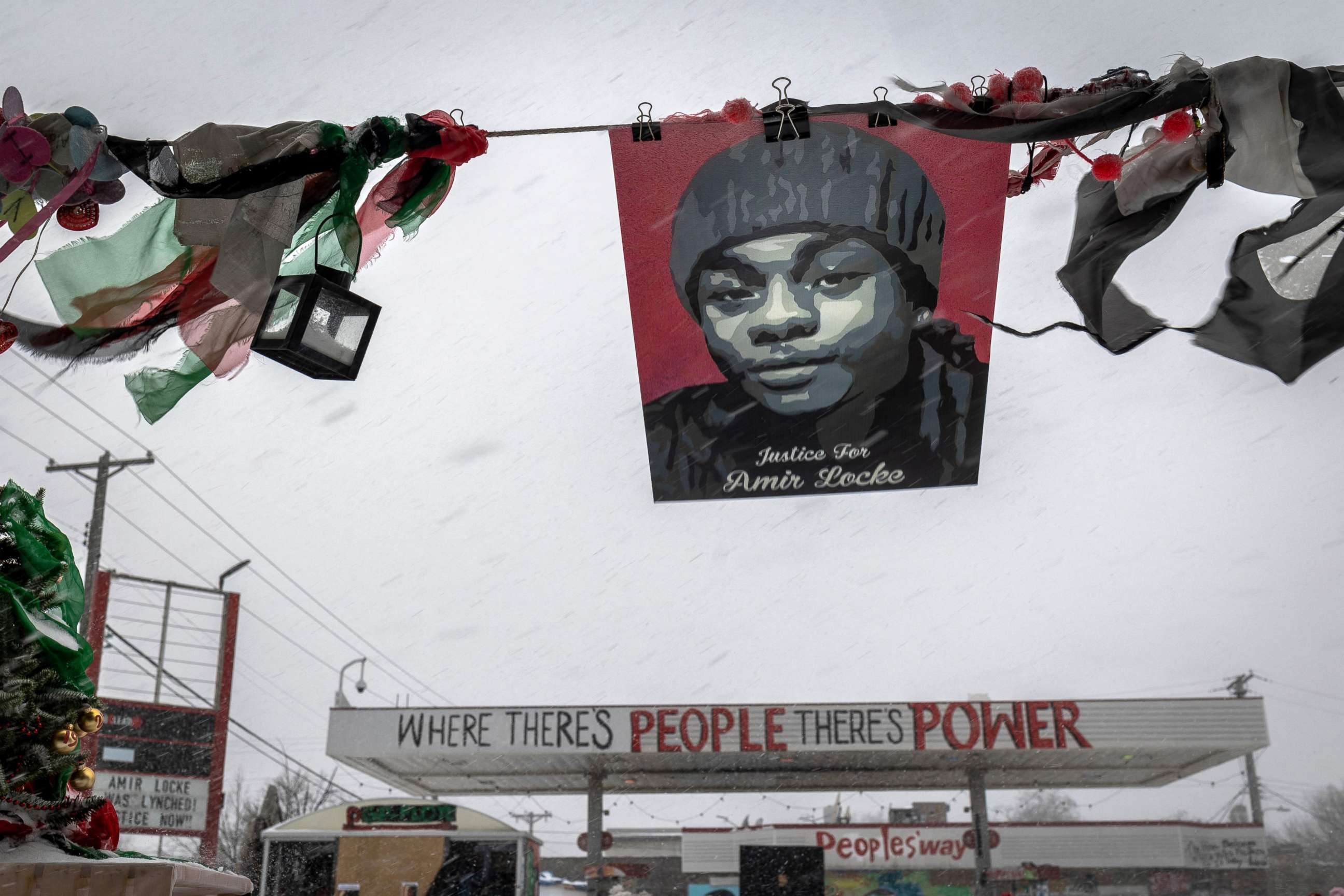 PHOTO: A picture of Amir Locke is seen above George Floyd Square in Minneapolis, Feb. 22, 2022.