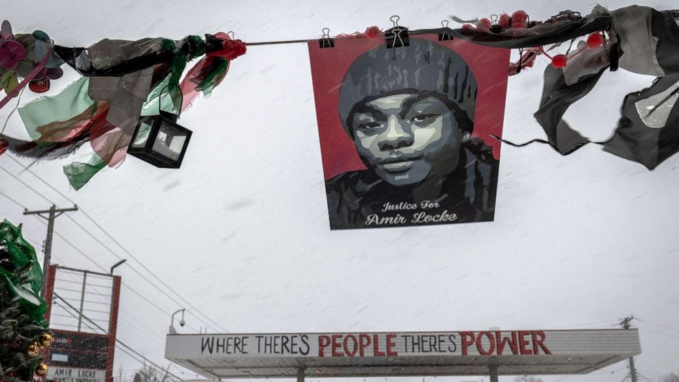 PHOTO: A picture of Amir Locke is seen above George Floyd Square in Minneapolis, Feb. 22, 2022.