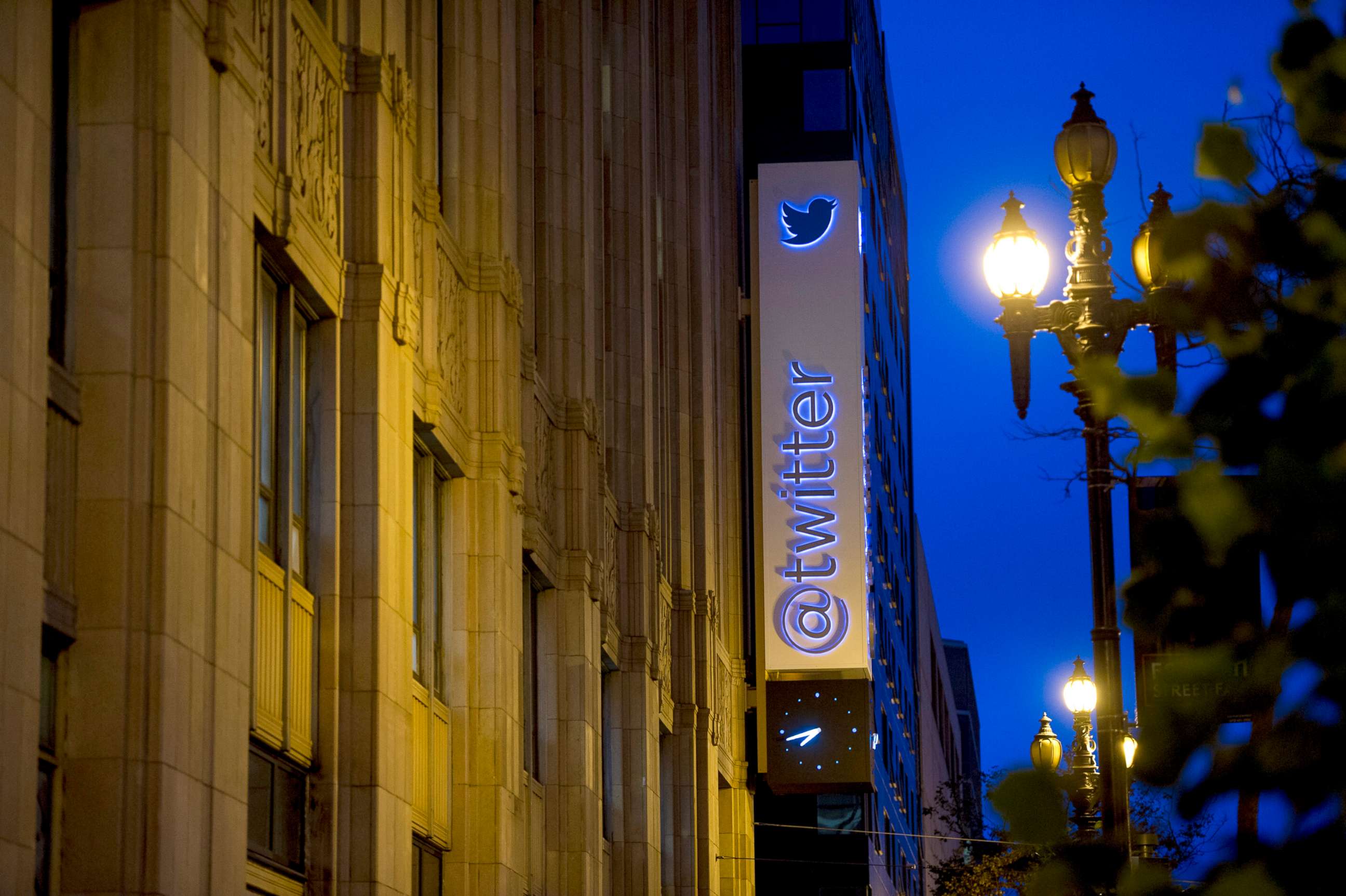 PHOTO: In this Sept. 13, 2013, file photo, the Twitter Inc. logo and signage is displayed on the facade of the company's headquarters in San Francisco.