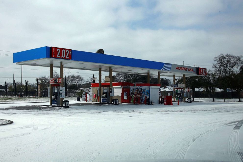 PHOTO: A gas station is closed due to power outage in Houston on Feb. 15, 2021. Up to 2.5 million customers were without power in Texas Monday morning as the state's power generation capacity is impacted by an ongoing winter storm brought by Arctic blast.