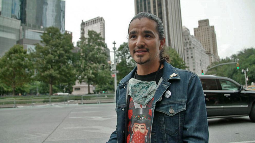 PHOTO: Ty Defoe, a member of the Ojibwe and Oneida Nations, says the statue of Christopher Columbus in New York City represents "murder" and "rape," and that it "needs to come down."