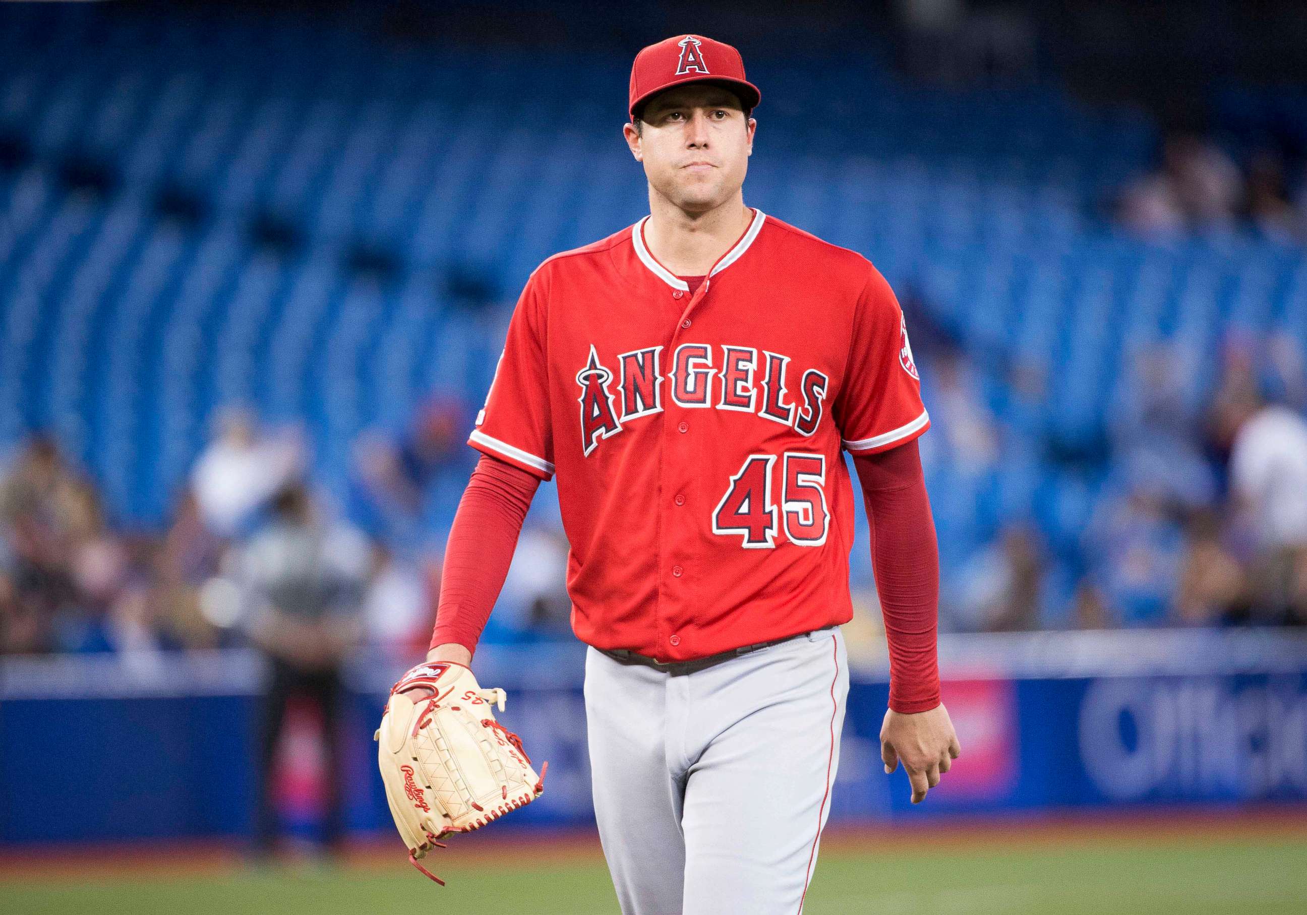 PHOTO: Los Angeles Angels starting pitcher Tyler Skaggs (45) walks towards the dugout after being relieved during the eighth inning against the Toronto Blue Jays at Rogers Centre in Toronto, Canada, June 18, 2019.