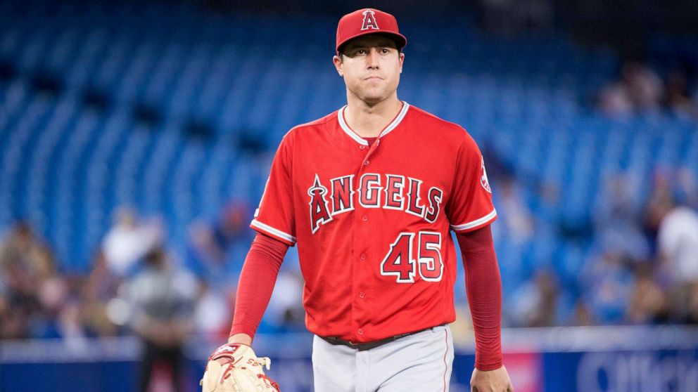 PHOTO: Los Angeles Angels starting pitcher Tyler Skaggs (45) walks towards the dugout after being relieved during the eighth inning against the Toronto Blue Jays at Rogers Centre in Toronto, Canada, June 18, 2019.