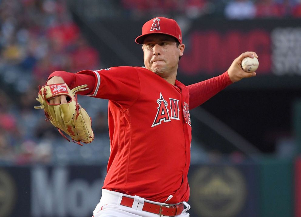 PHOTO: Tyler Skaggs #45 of the Los Angeles Angels pitches in the first inning of the game against the Oakland Athletics at Angel Stadium of Anaheim, June 29, 2019, in Anaheim, Calif.