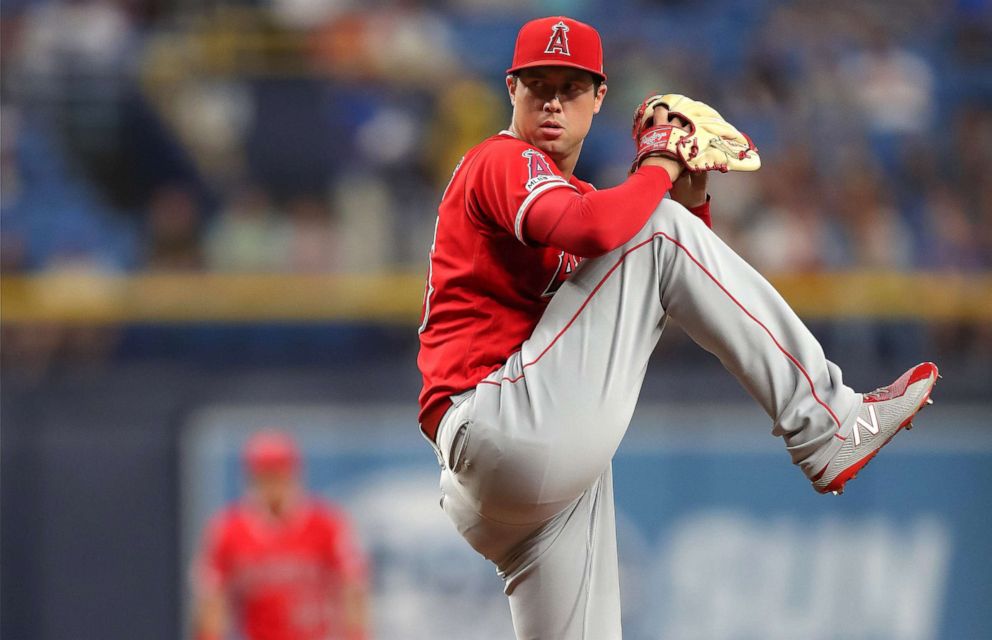 PHOTO: Tyler Skaggs #45 of the Los Angeles Angels throws in the first inning of a baseball game at Tropicana Field, June 13, 2019, in St. Petersburg, Fla.