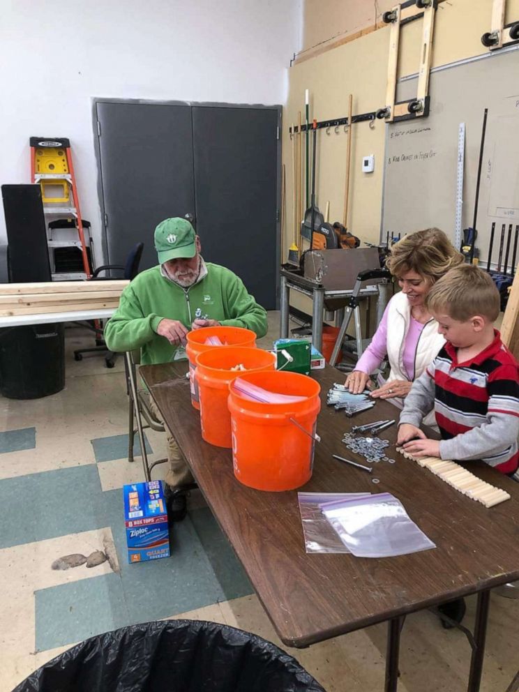 PHOTO: Tyler Sliz, 5, of Illinois, gets four generations of his family members to help build beds for children in need. He asked for bedding donations for his birthday.
