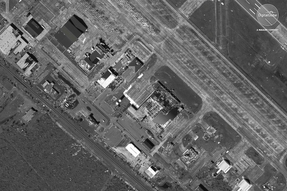 PHOTO: A satellite image provided on Oct. 11, 2018 shows hangars at Tyndall AFB in Florida after being hit by Hurricane Michael.