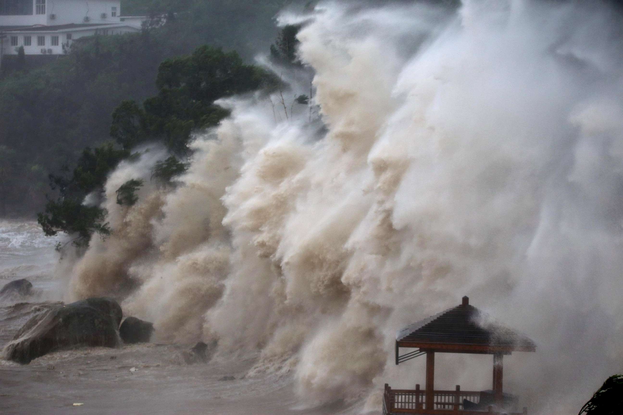 PHOTO: Waves brought by Typhoon Maria lash the shore in Wenzhou, Zhejiang province in China, July 11, 2018.