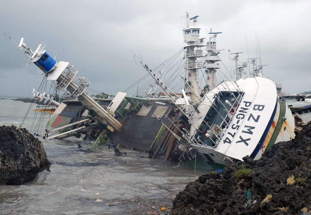 PHOTO: A general view shows an overturned fishing boat in the aftermath of typhoon Meranti, at Sizihwan in Kaohsiung, Sept. 15, 2016.