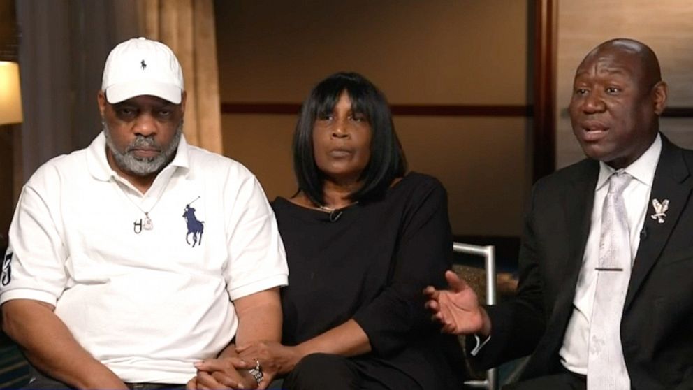 PHOTO: RowVaughn Wells, mother of Tyre Nichols sits with her husband, Tyre's stepfather Rodney Wells and civil rights Attorney Ben Crump during an interview with ABC News, Jan. 27, 2023.