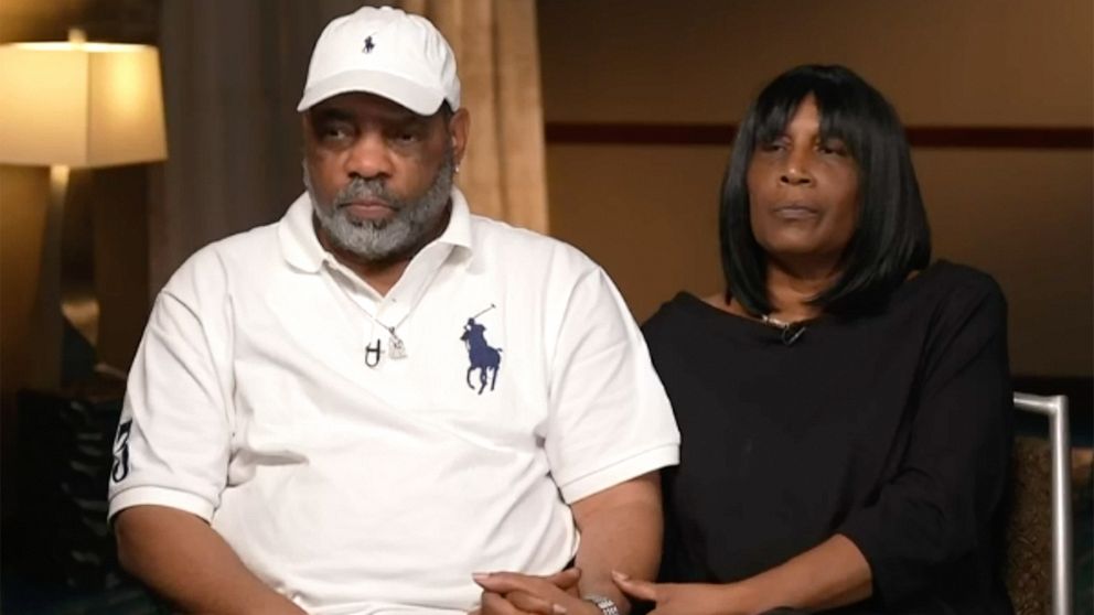 PHOTO: RowVaughn Wells, mother of Tyre Nichols sits with her husband, Tyre's stepfather Rodney Wells during an interview with ABC News, Jan. 27, 2023.