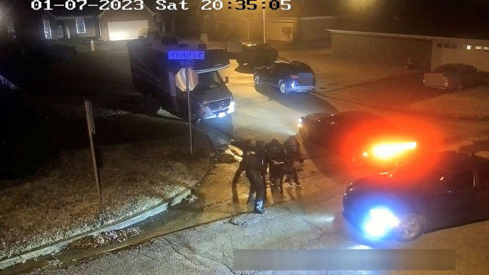 PHOTO: Tire Nichols who was arrested while driving and died three days later, is beaten by Memphis Police Department officers on Jan. 7, 2023, in this screen capture from video released by the Memphis Police Department, Jan. 27, 2023.