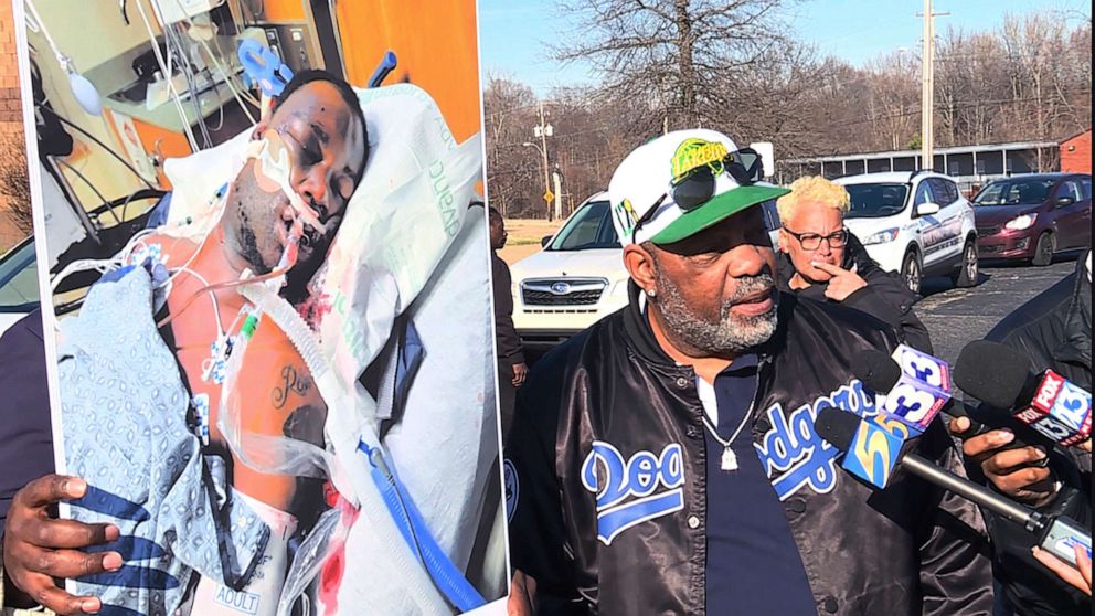 PHOTO: In this photo provided by Memphis television station WREG-TV, Rodney Wells holds a photo of his stepson Tyre Nichols in the hospital after his arrest, during a protest in Memphis, Tenn., Jan. 14, 2023.