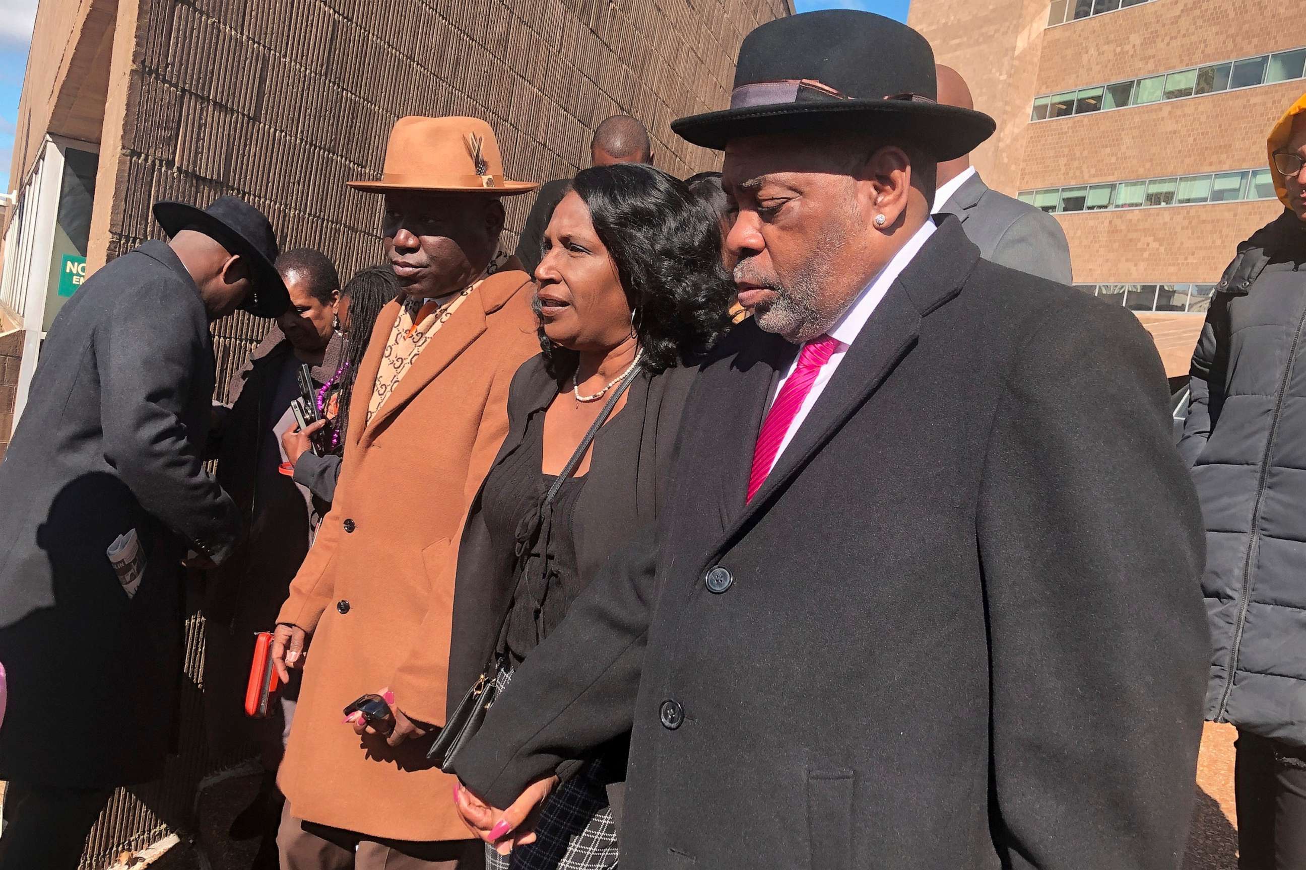PHOTO:From left, attorney Ben Crump, Tyre Nichols mother, RowVaughn Wells, and stepfather, Rodney Wells exit the courthouse, Feb. 17, 2023 in Memphis.