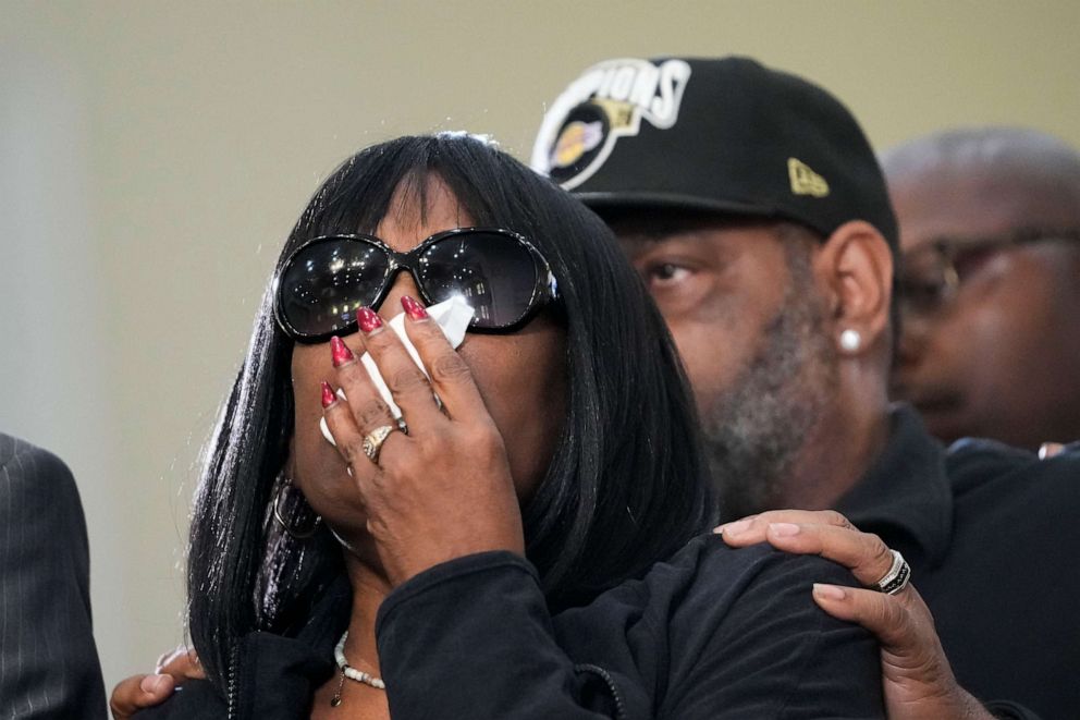 PHOTO: RowVaugn Wells, mother of Tyre Nichols, who died after being beaten by Memphis police officers, cries at a news conference in Memphis, Tenn., Monday, Jan. 23, 2023. Behind is Tyre's stepfather Rodney Wells.